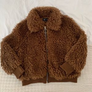 Zara Teddy Bomber Jacket Camel Brown Sz XS fur